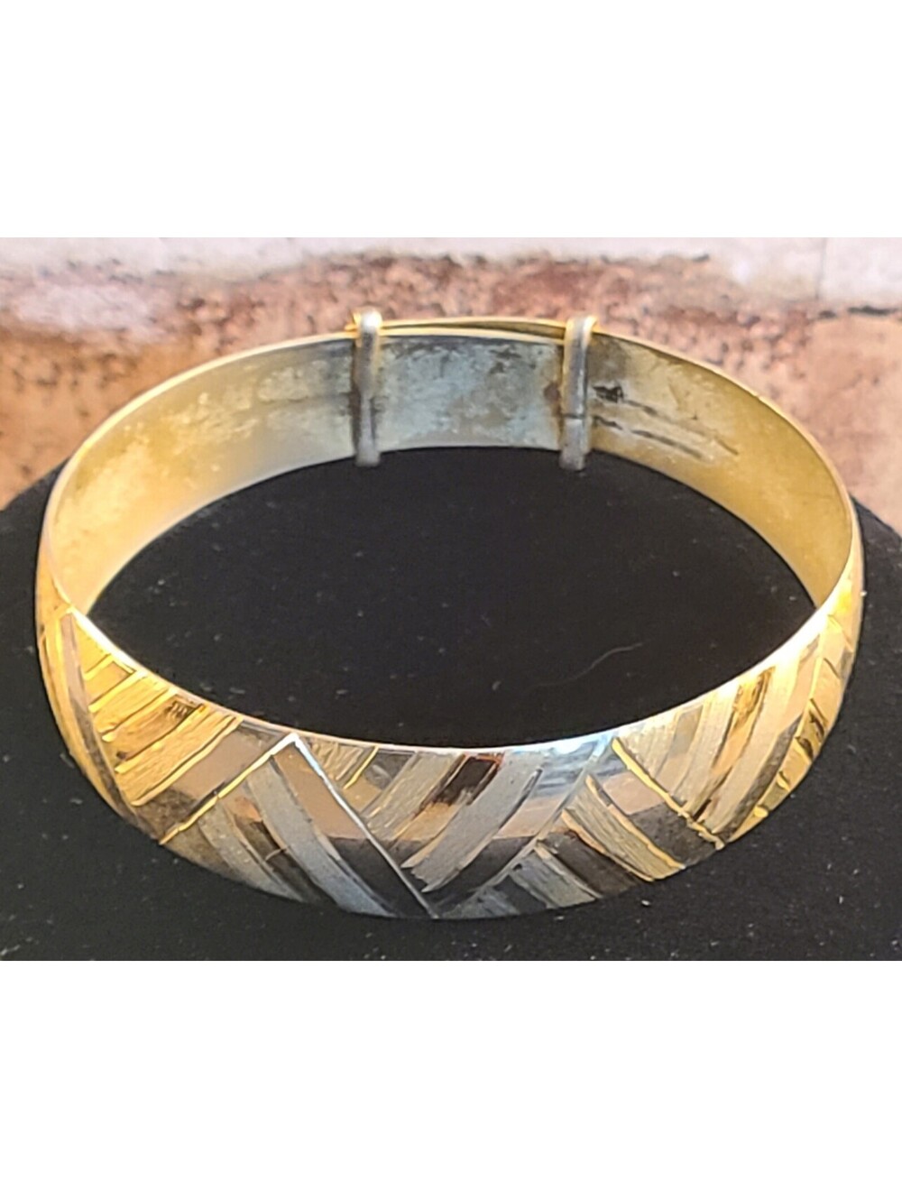 Vtg Etched Brass Bangle Sz Adjustable Bracelet Geometric Chevron Boho Retro Cuff